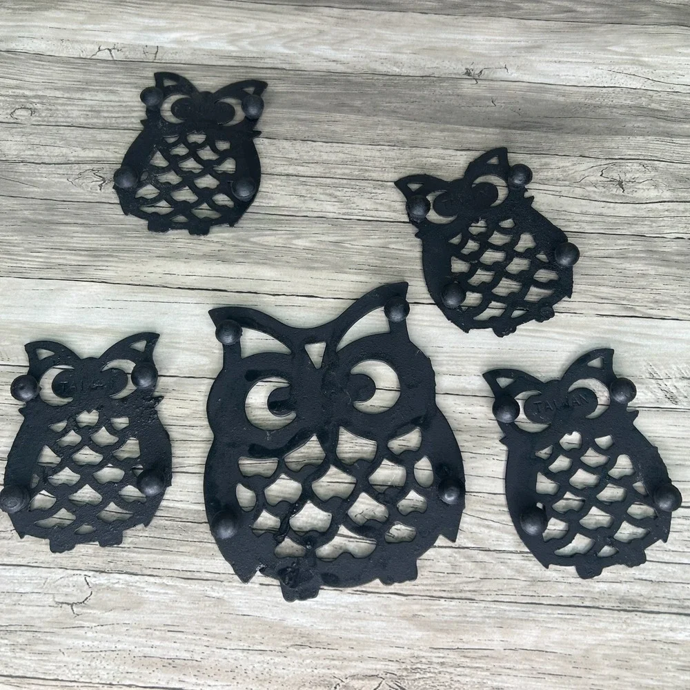 Vintage Owl Trivet Set Cast Iron Taiwan Kitchy Bird Decor Cottage Rustic Goth